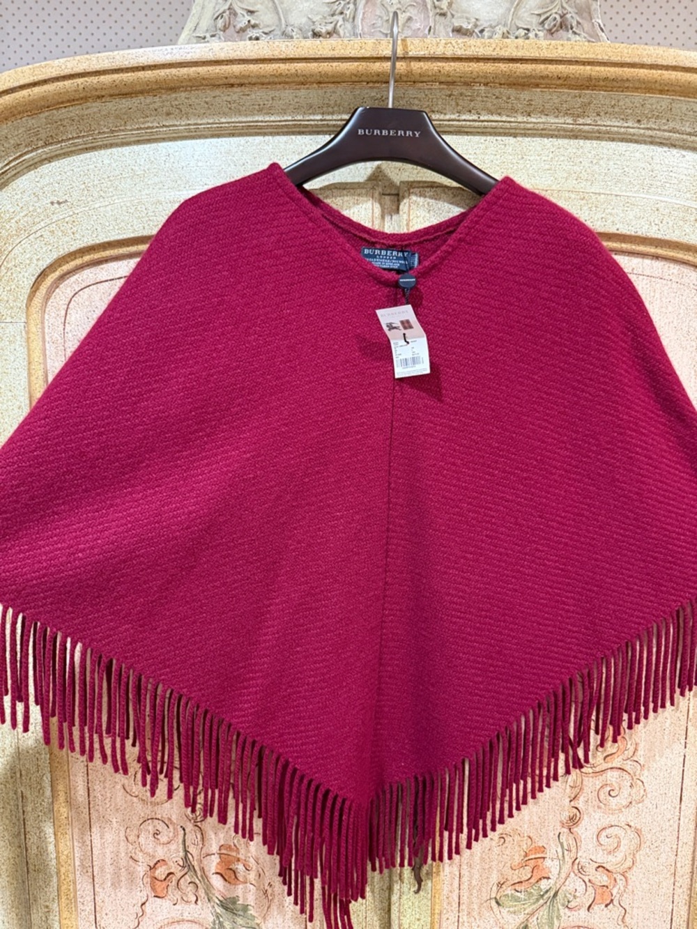 NWT Burberry London Cranberry Fringe Cashmere /  Wool Poncho